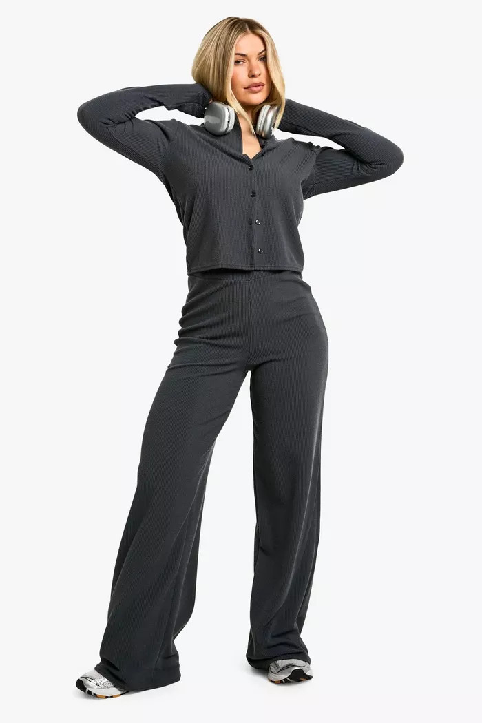 Rib Cardigan and Wide Leg Trouser Co Ord | boohoo (US & Canada)
