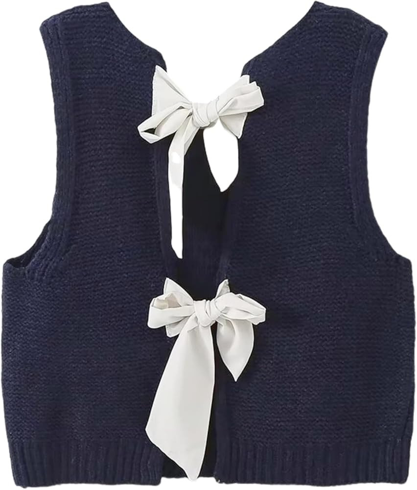 Bow Tie Back Sweater Vest for Women, Y2k Sweater Vest Top Casual Crop Knit Cardigan Vest, Crewnec... | Amazon (US)