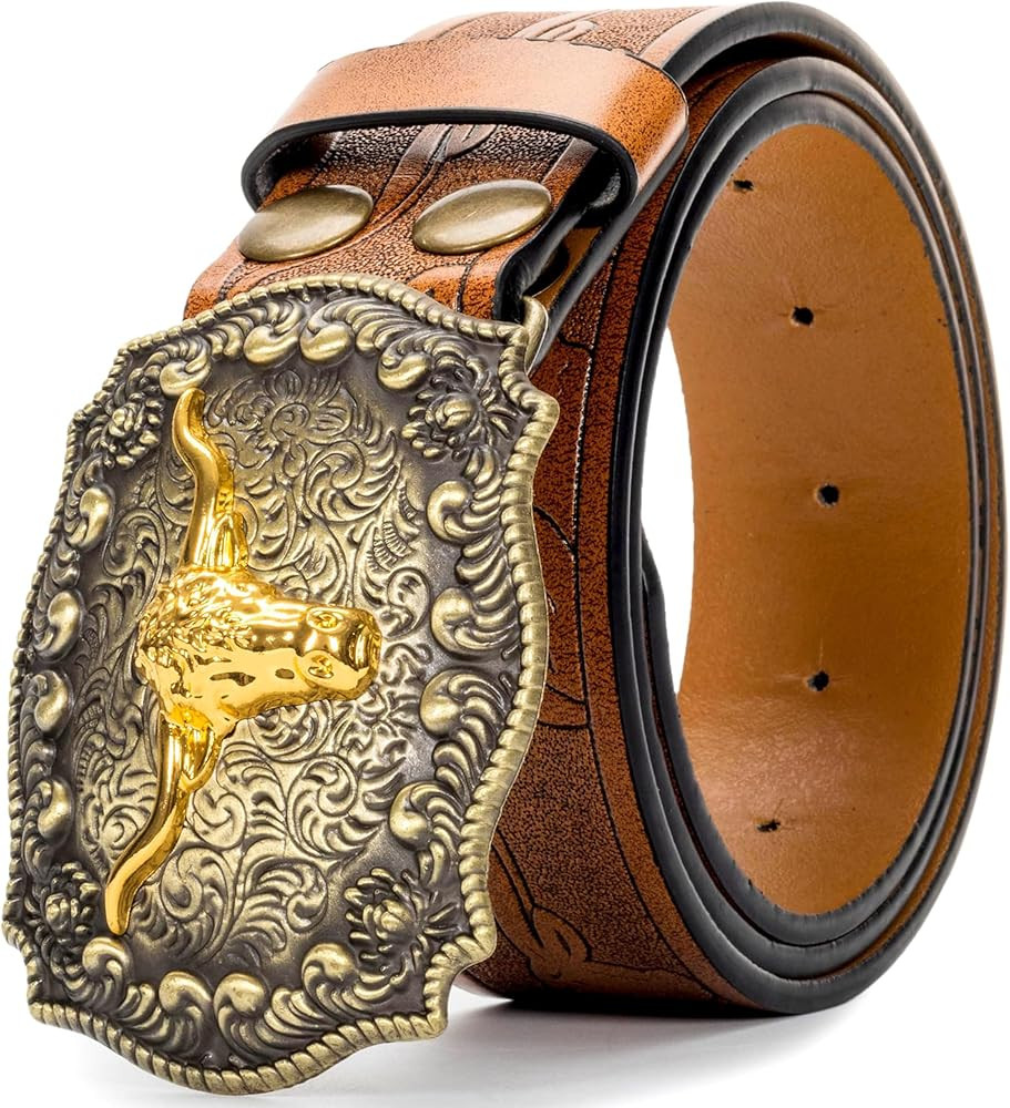Western Cowboy PU Leather Belt - Men Waist Strap Bull Decoration Floral Engraved for Jeans 25" to... | Amazon (US)