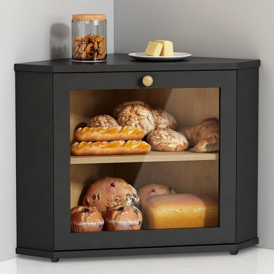 Corner Bread Box for Kitchen Countertop, Black Bread Storage Container for Homemade Bread, Two La... | Amazon (US)