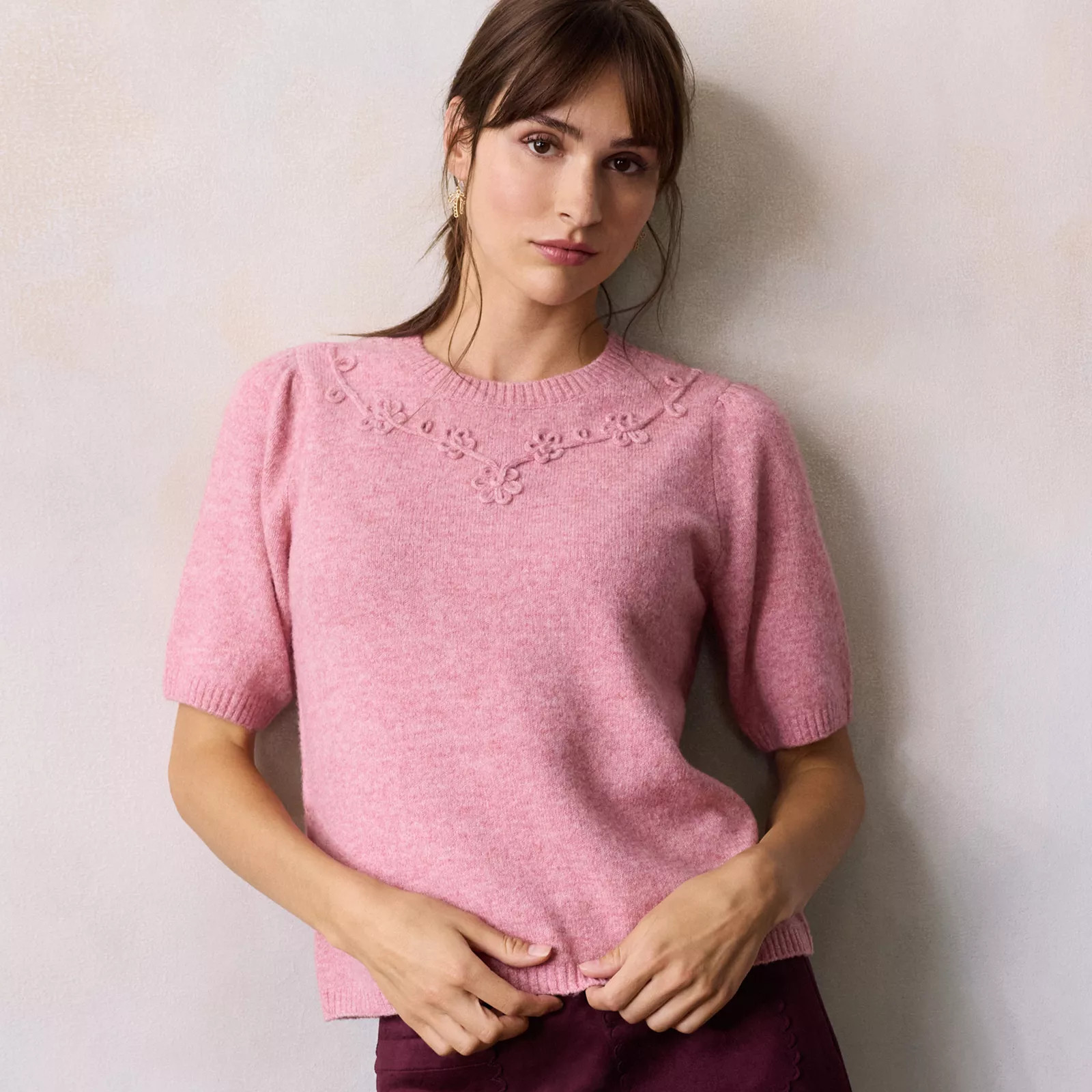 Women's LC Lauren Conrad Short Sleeve Soutache Sweater Top, Size: XS, Light Pink Grey | Kohl's