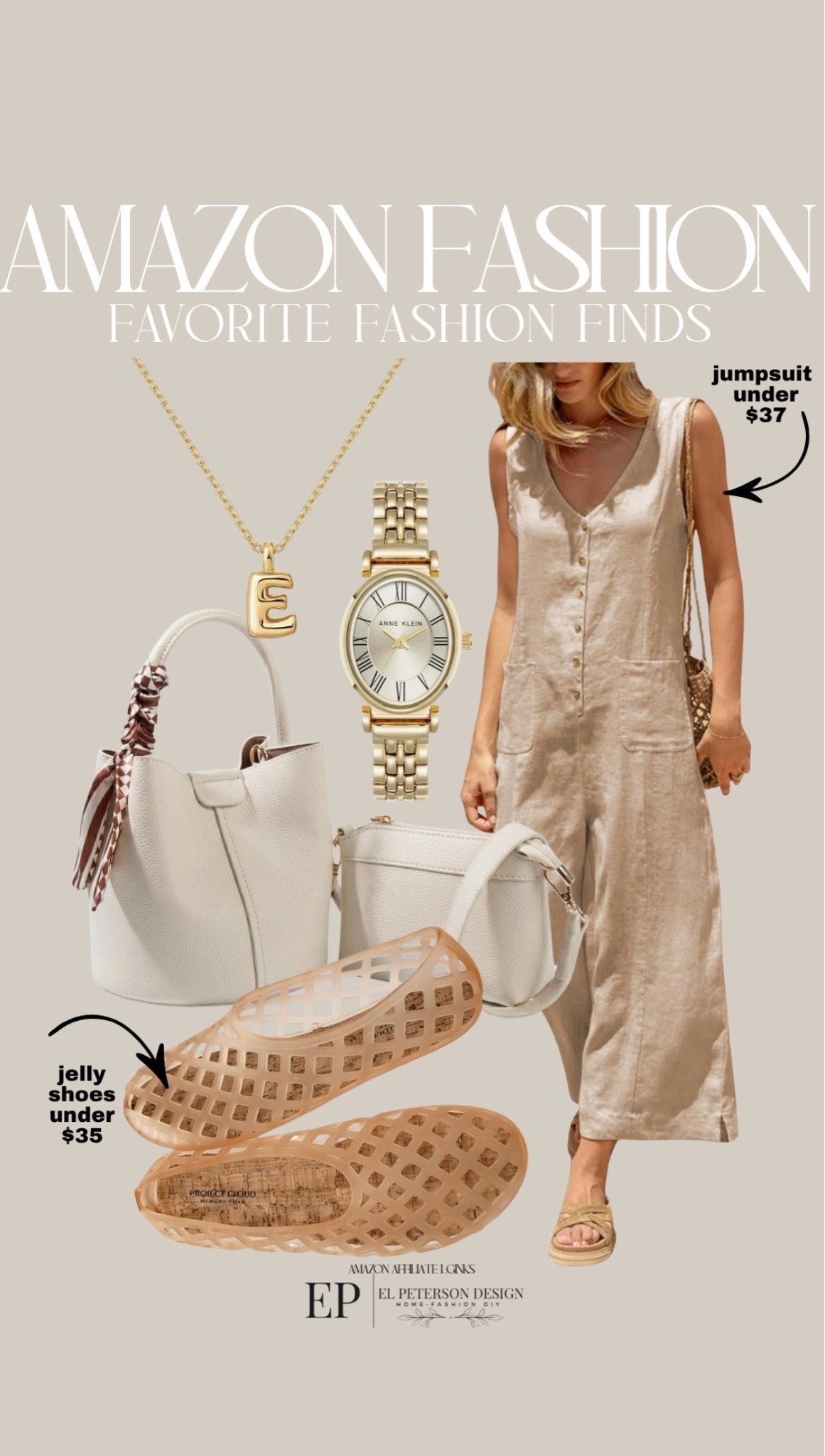 Amazon
Jumpsuit
Necklace
Watch
Purse
Jelly shoes