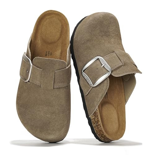 Project Cloud 100% Genuine Leather Clogs for Women Shoes - Memory Foam Insole, Non-Slip & Natural Cork Footbed Arch Support Big Buckle Womens Clogs and Mules Footwear (Manchester, STORMSUEDE,5.5) | Amazon (US)