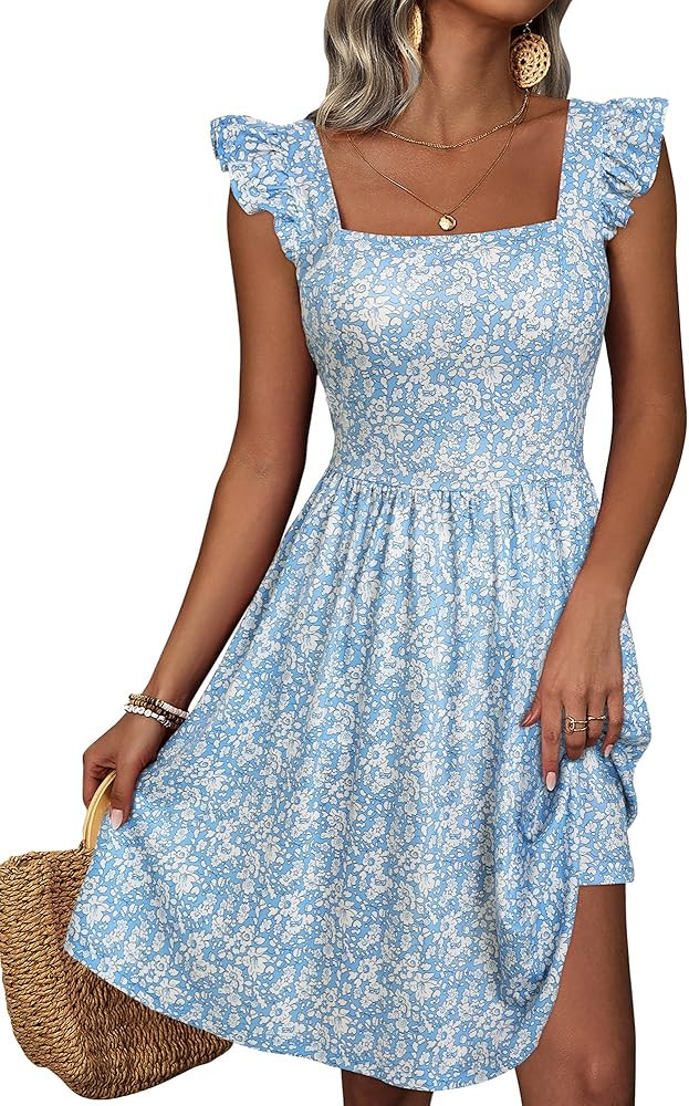Loemes Summer Cute Floral Flowy Knee Length Sundressses Beach Dress for Women 2024 | Amazon (US)