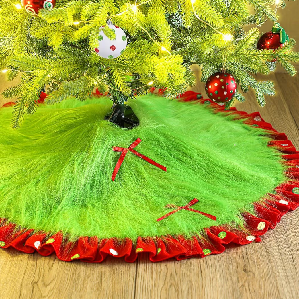 Red and Green Christmas Tree Skirt Furry Plush Lime Green Christmas Tree Skirts Whimsical Xmas Decorations Holiday Glittering Dot Mat Faux Round Carpet for Home Xmas Party Decor(60 Inch) | Amazon (US)