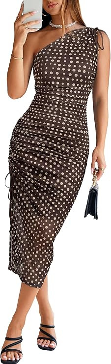 BerryGo Women One Shoulder Bodycon Mesh Ruched Long Dress Summer Sexy Slit Floral Print Wedding G... | Amazon (US)