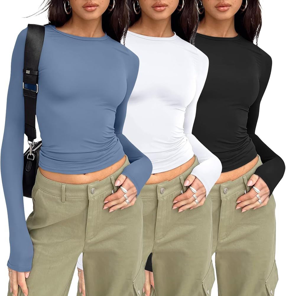 AUTOMET 3-Pack Women's Long Sleeve Crop Tops - Basic Fitted T-Shirts Set | Amazon (US)