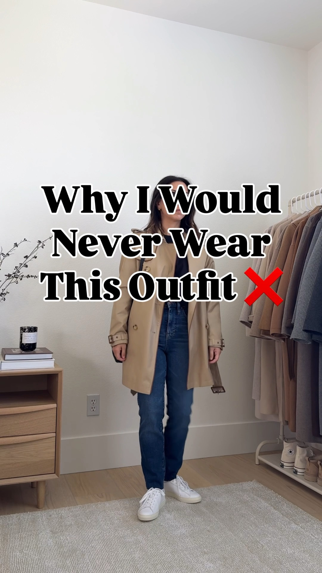 Why I would never wear this outfit: tight short trench coat. 

Outfit details:

Oak + fort trench xxs
Madewell tee xs
Levi’s 501 crop jeans 26, but could wear the 25
Onitsuka Tiger sneakers 4 men’s
Mansur Gavriel tote 
Madewell socks (old)
YSL sunglasses 

#LTKootd #LTKPetite