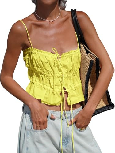 Tankaneo Womens Summer Tie Front Crop Tops Cute Ruffle Ruched Spaghetti Strap Tank Tops Y2K Going... | Amazon (US)