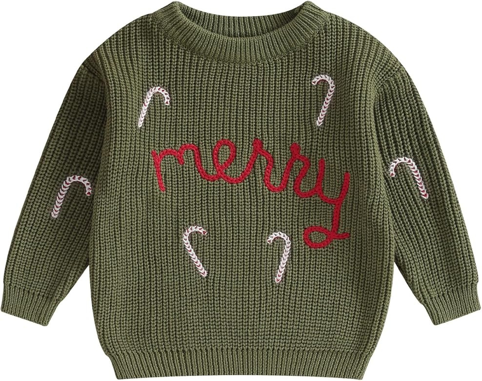Toddler Baby Boy Girl Christmas Knit Sweater Merry Candy Cane Embroidery Infant Chunky Sweatshirt... | Amazon (US)