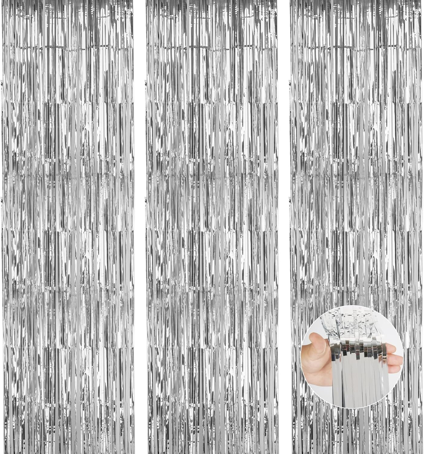 ACCEVO Silver Party Streamers 3Pack Metallic Tinsel Foil Fringe Curtains 3.2ft x 8.2ft Party Deco... | Amazon (US)