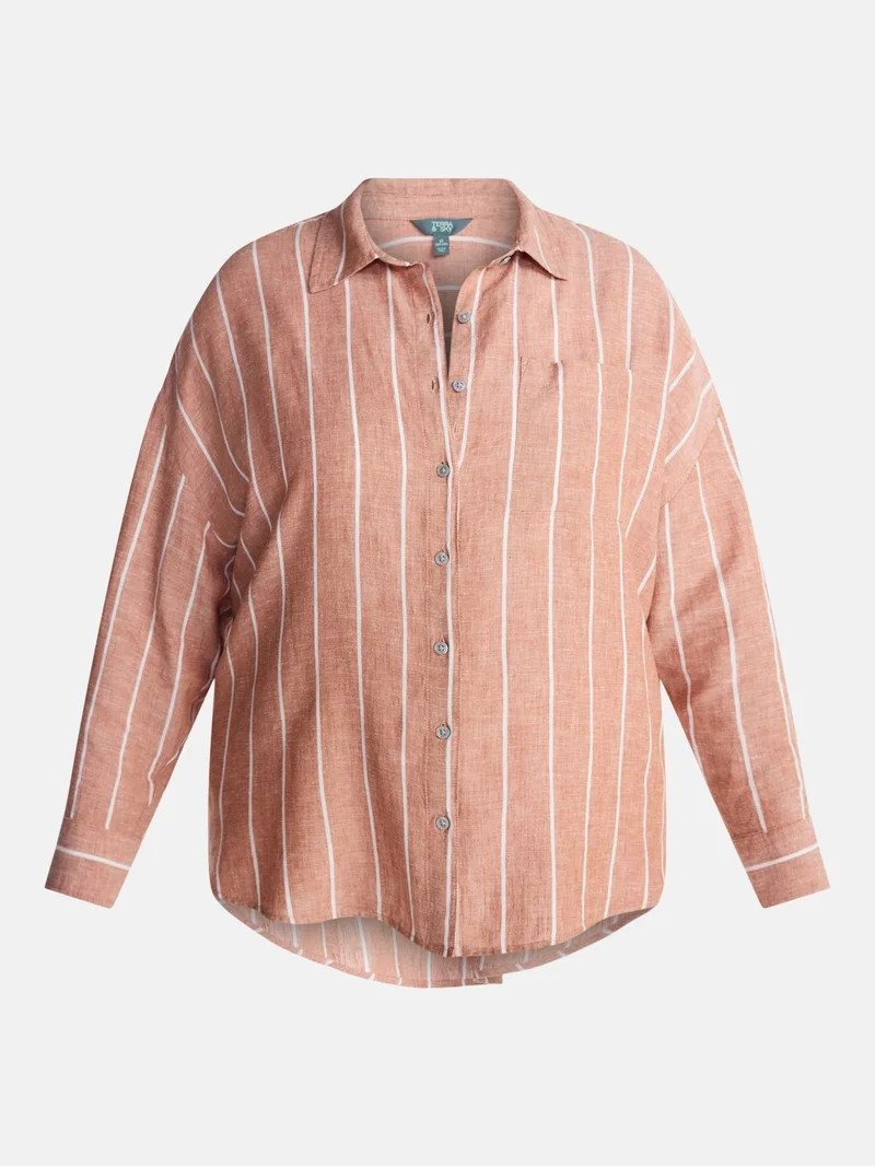 Terra & Sky Women's Plus Linen Striped Boyfriend Shirt, Sizes 0X-5X | Walmart (US)