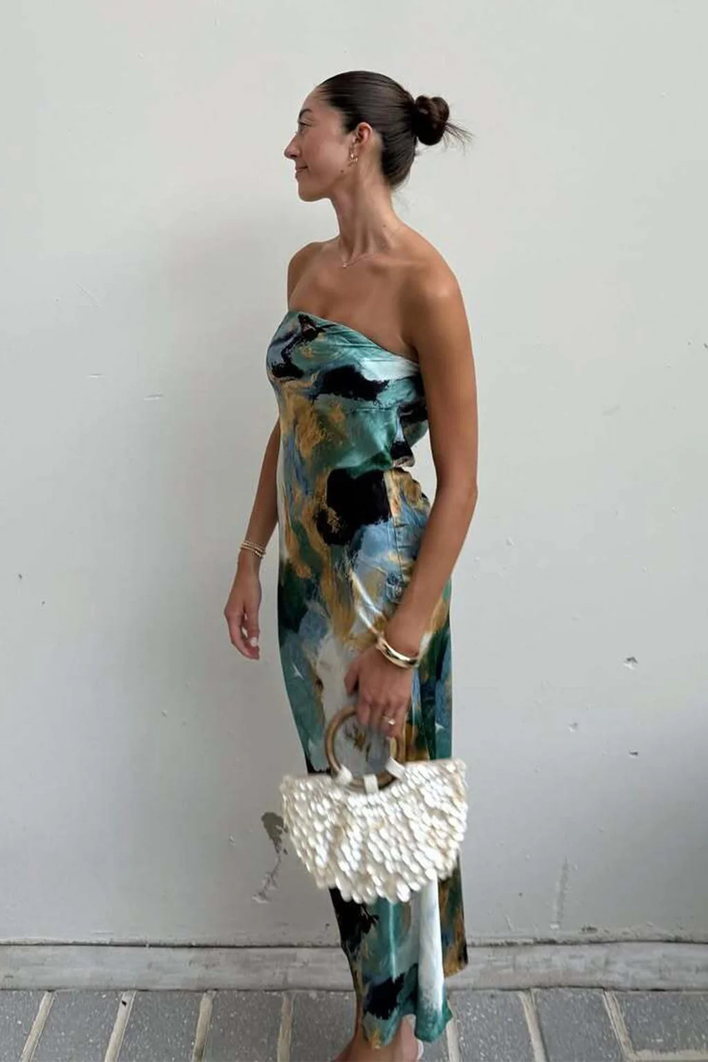 Natalia Blue and Gold Watercolor Strapless Maxi Dress | 12th Tribe