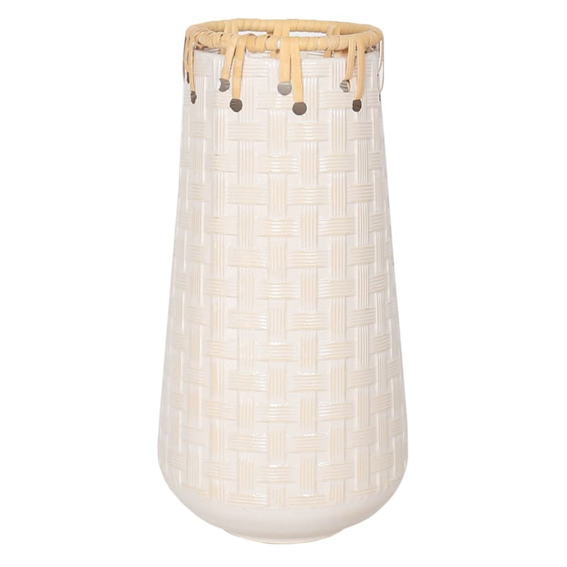 White Metal & Rattan Basketweave Vase, 12" | At Home
