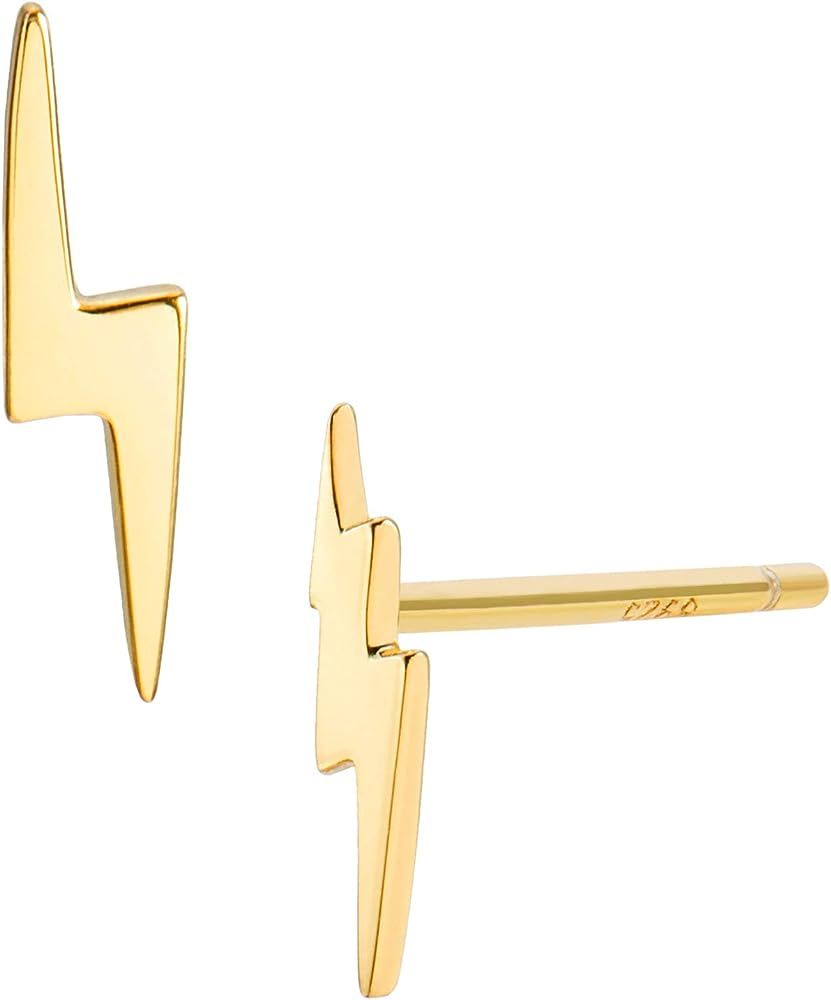 Lightning Bolt Earrings Gold in Sterling Silver 18K Plating Minimalist Small Thunder Bolt Studs | Amazon (US)