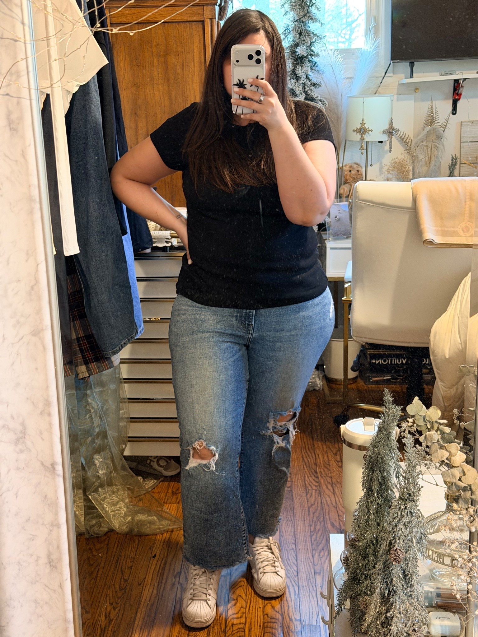 I will probably always love distressed denim. And a black top. This one is flattering and has a good thickness to the material. A pair of all white sneakers are a great staple in a wardrobe. 

My jeans are old so I’ll link similar 

#LTKgrwm #LTKMidsize #LTKSeasonal