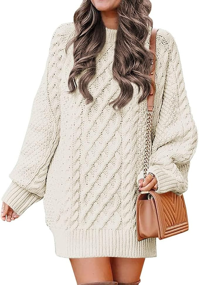 Koinshha Women's Oversized Crew Neck Cable Knit Sweater Dresses Long Sleeve Chunky Loose Pullover... | Amazon (US)