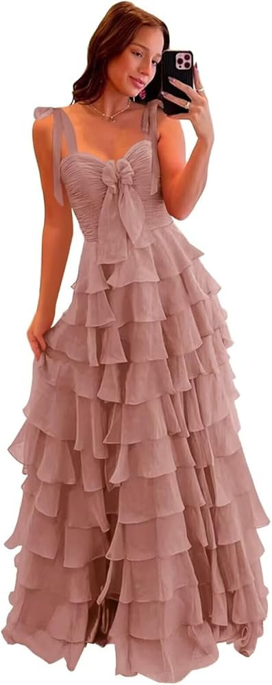 Women’s Chiffon Tiered Ruffles Prom Dresses 2025 Spaghetti Straps A-Line Long Formal Ball Gown ... | Amazon (US)