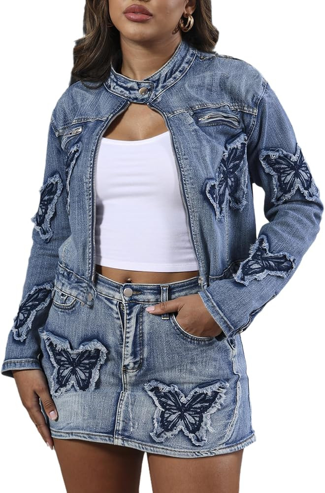 acelyn Women’s Denim Set 2 Piece Outfits Casual Denim Jacket & Mini Skirt Set Bodycon Jean Outf... | Amazon (US)