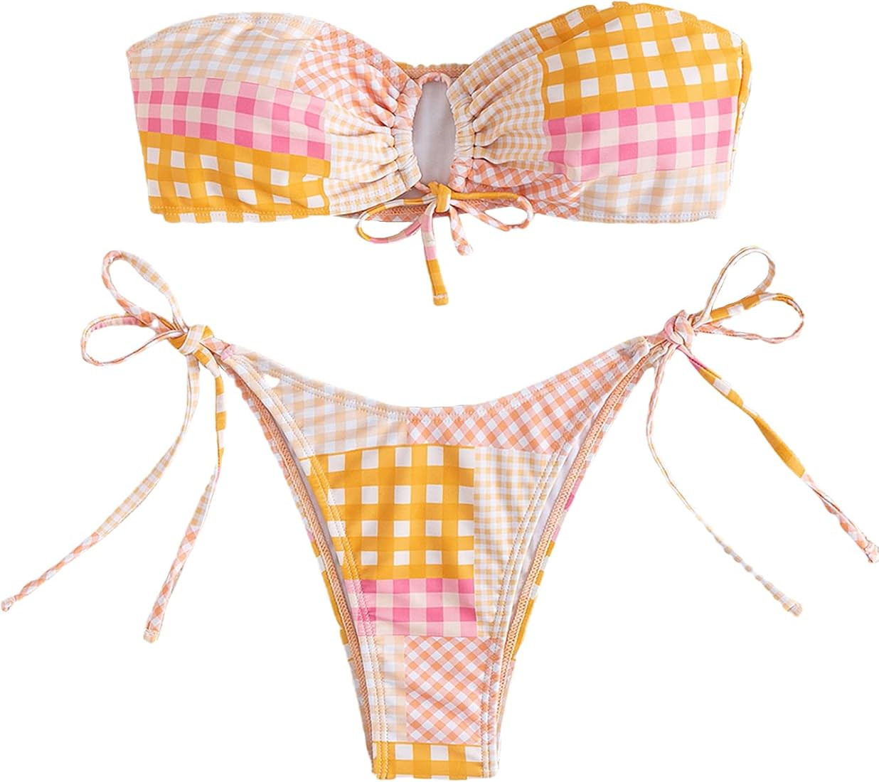 MakeMeChic Women's 2 Pieces Bandeau Swimsuits Tie Front High Cut Bikini Bathing Suit | Amazon (US)