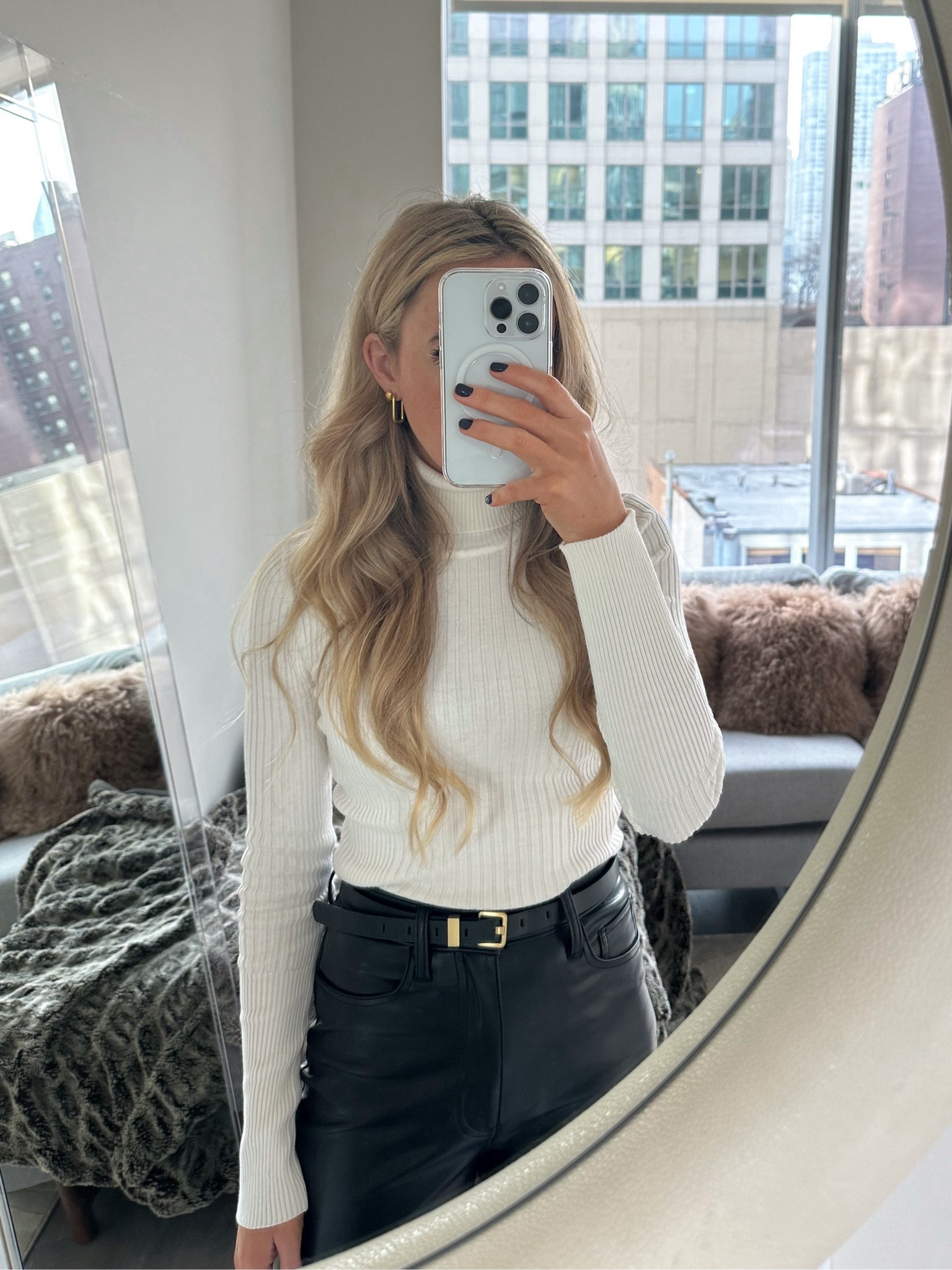 outfit  for the holiday party event tonight- 
these rectangle shaped hoops are a great gift idea for trendy, fashionable girl  

holiday party, Christmas party, winter outfit, Chicago going out outfit, faux leather pants, vegan leather pants, cozy turtleneck look, gold jewelry accessories, party accessories, 

#LTKHoliday #LTKparties

#LTKParties #LTKWorkwear #LTKSeasonal