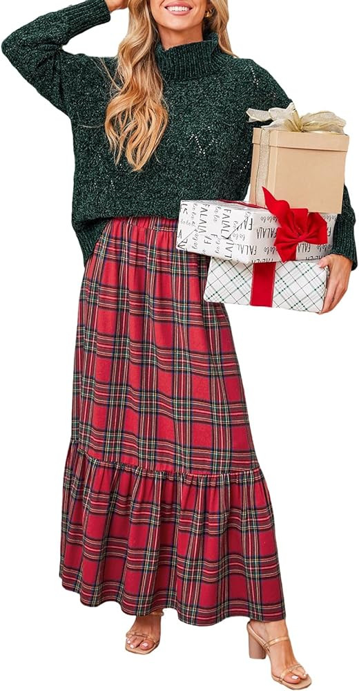 CUPSHE Women Skirts Plaid Ruffled Maxi Skirt Holiday High-Rise Waist Long Skirt | Amazon (US)