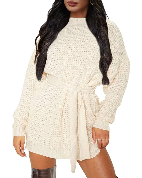 ZESICA Women's 2024 Fall Long Sleeve Solid Color Waffle Knitted Tie Wasit Tunic Pullover Sweater ... | Amazon (US)