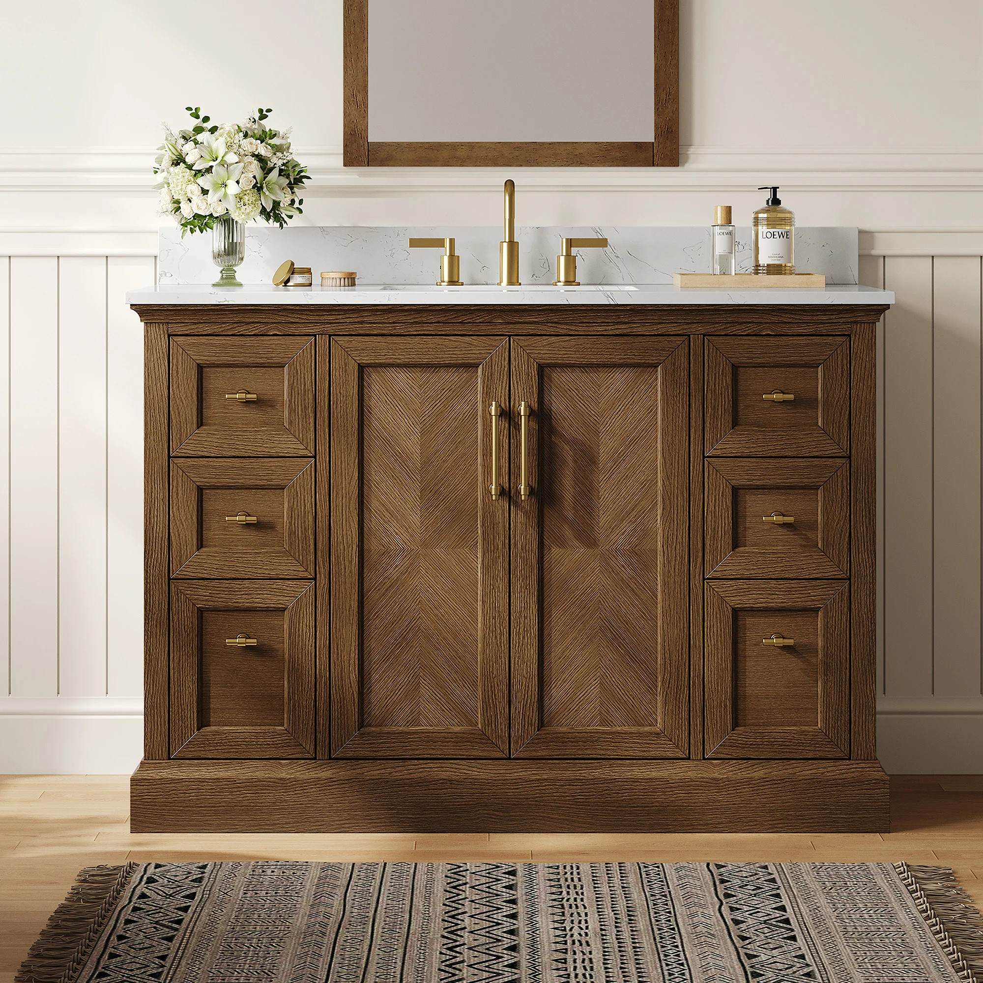 Amberwood 48" Anitque Brown Single Bathroom Vanity With Engineered Stone Top, 2 Doors & 6 Drawers | Wayfair North America