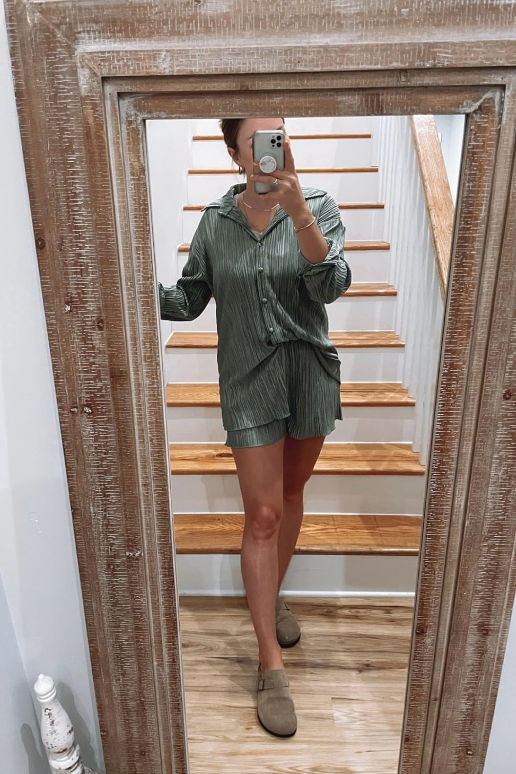 Two piece pleated set in olive. Slightly oversized in the top but bottoms are tts
Link for shoes added but the color pictured is sold out  

#LTKStyleTip #LTKU #LTKFindsUnder50