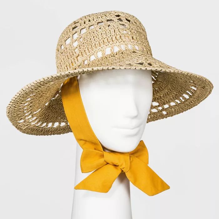 Women's Woven Cane Straw Bucket Hat with Ties - Universal Thread™ Natural One Size | Target