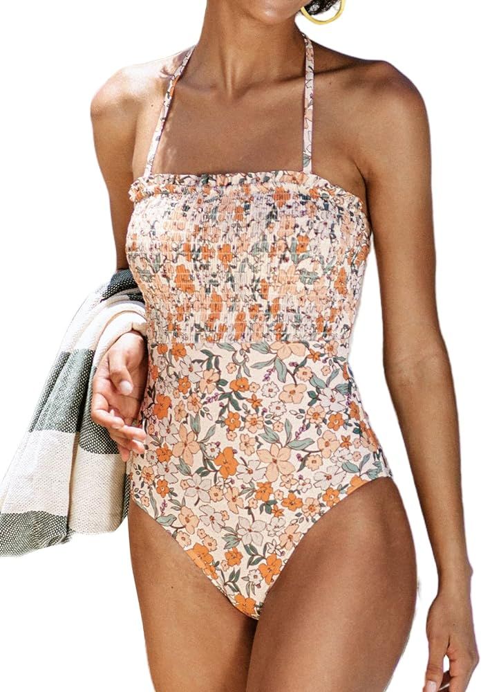 CUPSHE One Piece Swimsuit for Women Bathing Suit Floral Backless Halter Removable Spaghetti Strap... | Amazon (US)