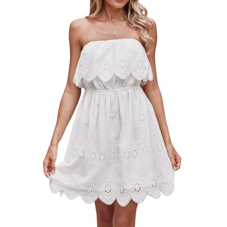 CUPSHE Women's Woven Dress Straight Neckline Sleeveless Scalloped Hem Mini Eyelet Dress - Walmart... | Walmart (US)