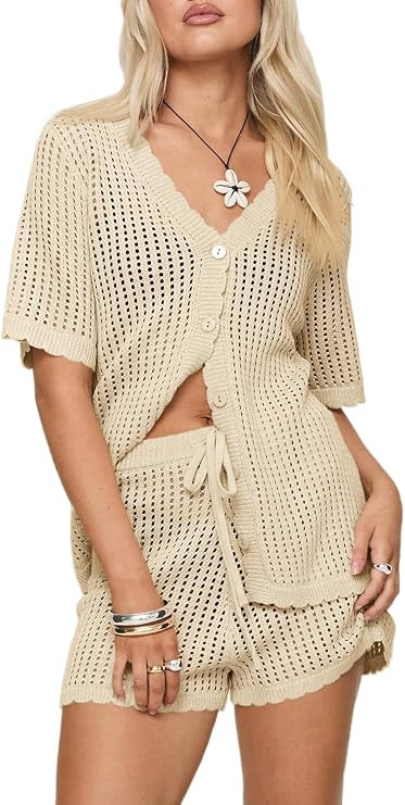 Saodimallsu Womens Crochet Swimsuit Coverup Sets Short Sleeve V Neck Button Tops Drawstring Short... | Amazon (US)