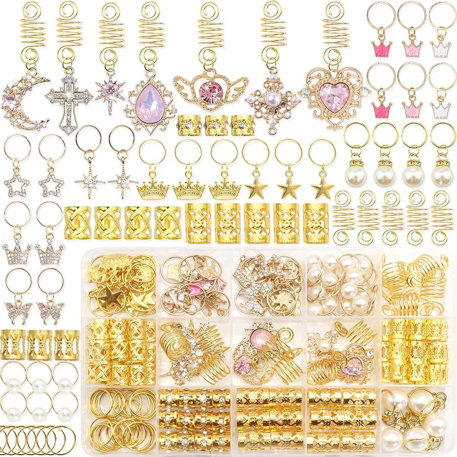 NAISKA 156Pcs Pink Crystal Loc Dreadlocks Jewelry Gold Hair Jewelry for Braids Multi Shape Crown ... | Amazon (US)