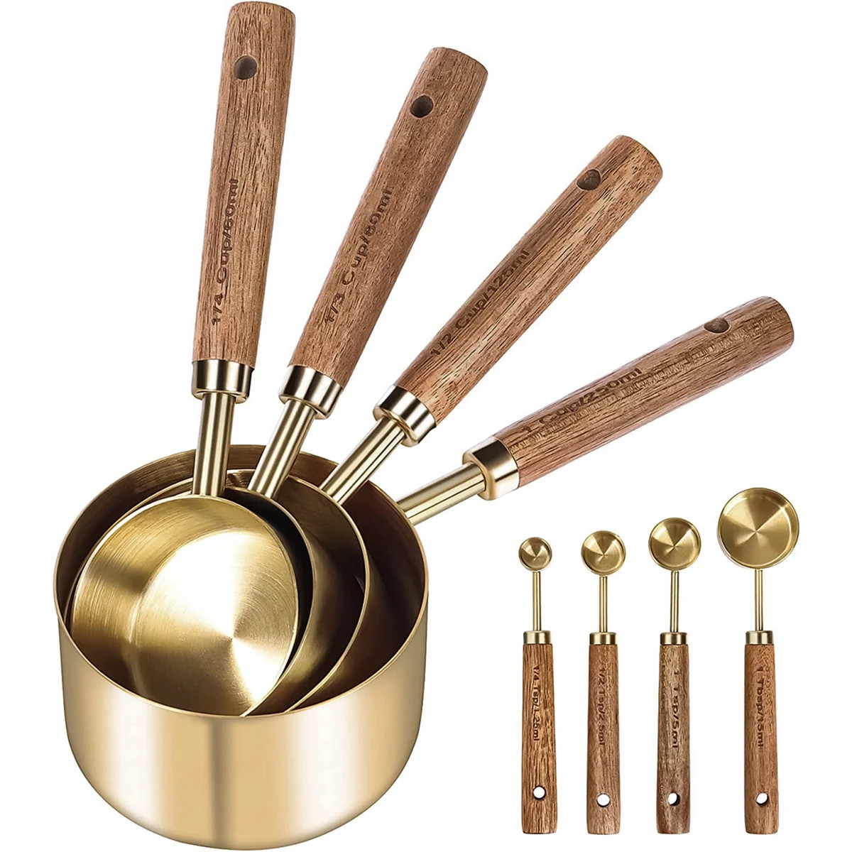 8Pcs Measure Cup and Spoon Set Gold Measuring Cup Spoon Set with Wooden Handle Stainless Steel St... | Walmart (US)