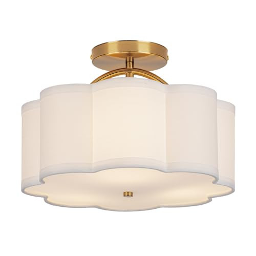 CALOKES Semi Flush Mount Ceiling Light, 11.8" Modern 3-Light Fixture with Petal-Shaped Cream White Fabric Shade and Golden Support Arm, Ideal for Bedroom, Kitchen, Living Room, Hallway, and Entryway | Amazon (US)