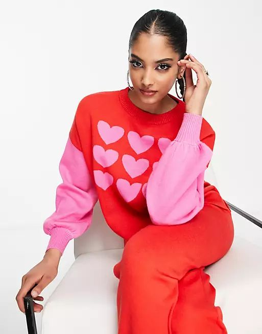 Never Fully Dressed knitted sweater in red with pink hearts - part of a set | ASOS (Global)