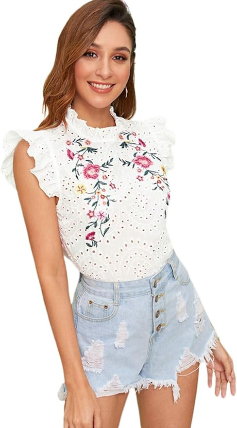 ROMWE Women's Sleeveless Ruffle Stand Collar Embroidery Button Slim Cotton Blouse Top | Amazon (US)