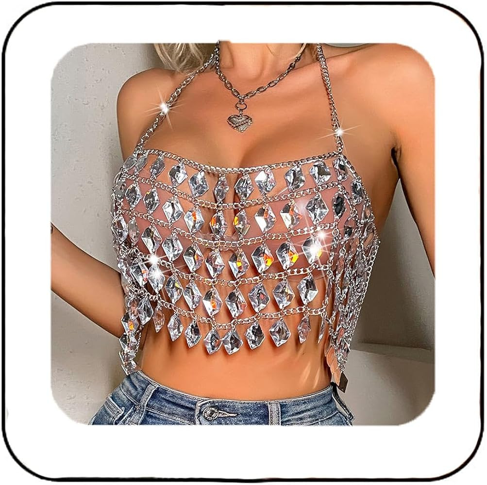 Aukmla Rhinestones Bra Chain Top Silver Halter Crystal Chest Body Chains Beach Bikini Nightclub C... | Amazon (US)