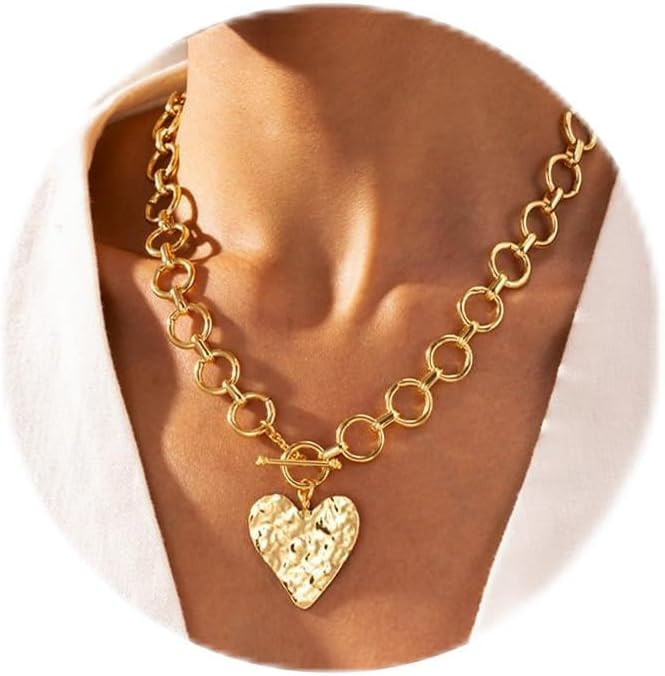 Chunky Gold Heart Necklace for Women，14K Gold Plated Chunky Heart Pendant Bold Chain Necklace w... | Amazon (US)