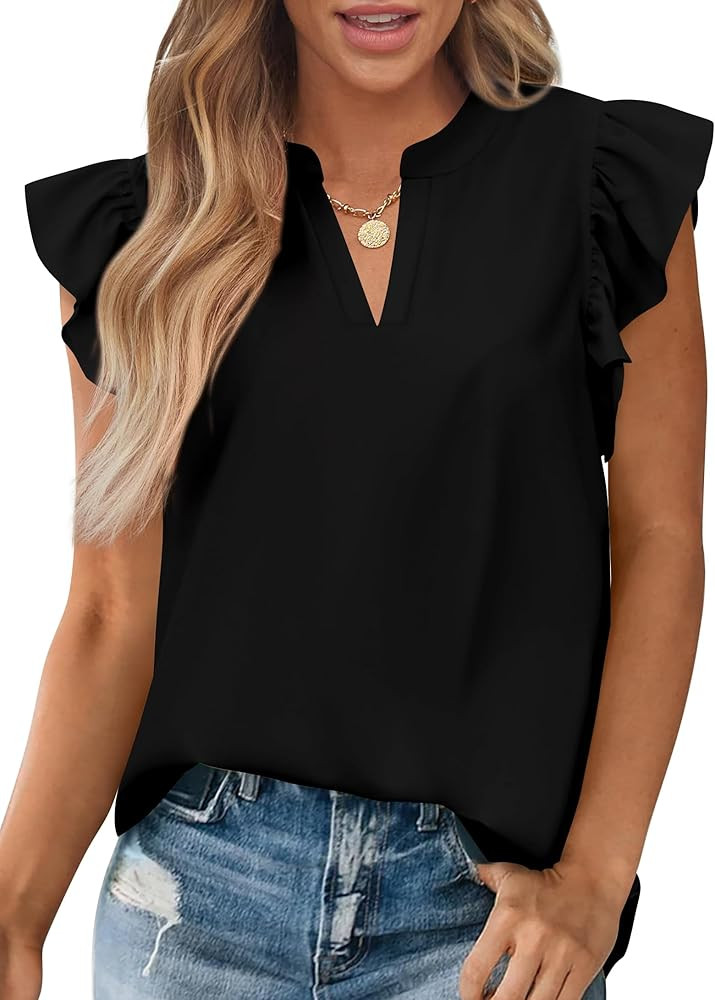Zenlonr Womens Summer Tops 2025 Casual V Neck Ruffle Cap Sleeve Blouse Shirts Basic Tunic Tops Sp... | Amazon (US)