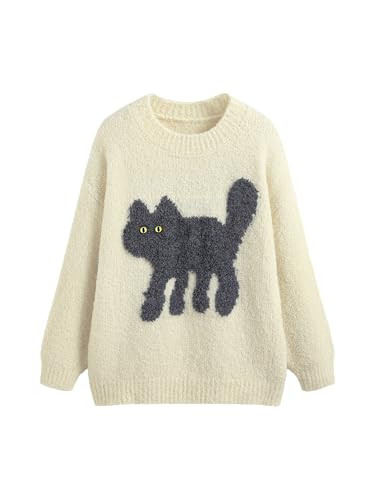 CIDER Women's Cat Sweater Fun Cute Graphic Chunky Pullover Tops Beige | Amazon (US)