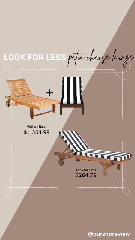 Pottery Barn chaise lounge look for less, Pottery Barn look alike, Pottery Barn dupe, outdoor patio, pool lounge, black and white stripe cushion, teak lounge chair, budget patio, 

#LTKhome #LTKsalealert #LTKSeasonal