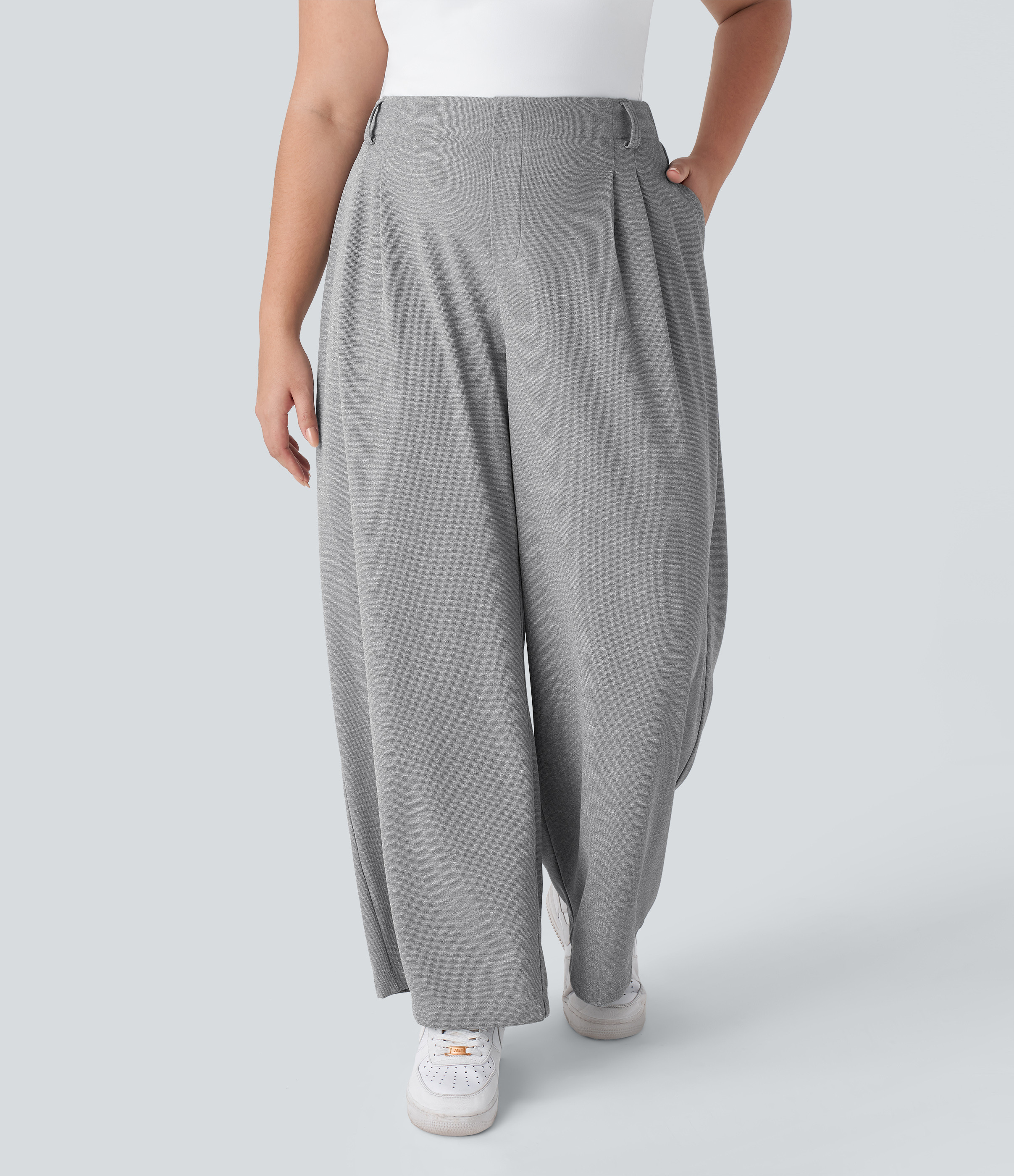 Halara Halara Flex™ High Waisted Pocket Wide Leg Waffle Work Plus Size Pants - Waffle Gray - 1X(regular) sweatpants jogger pants | HALARA