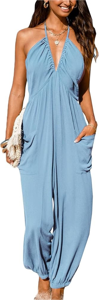 CUPSHE Women's Plunge Halter Sleeveless Pleated Long Romper Knit Jogger Maxi Jumpsuit with Pocket... | Amazon (US)