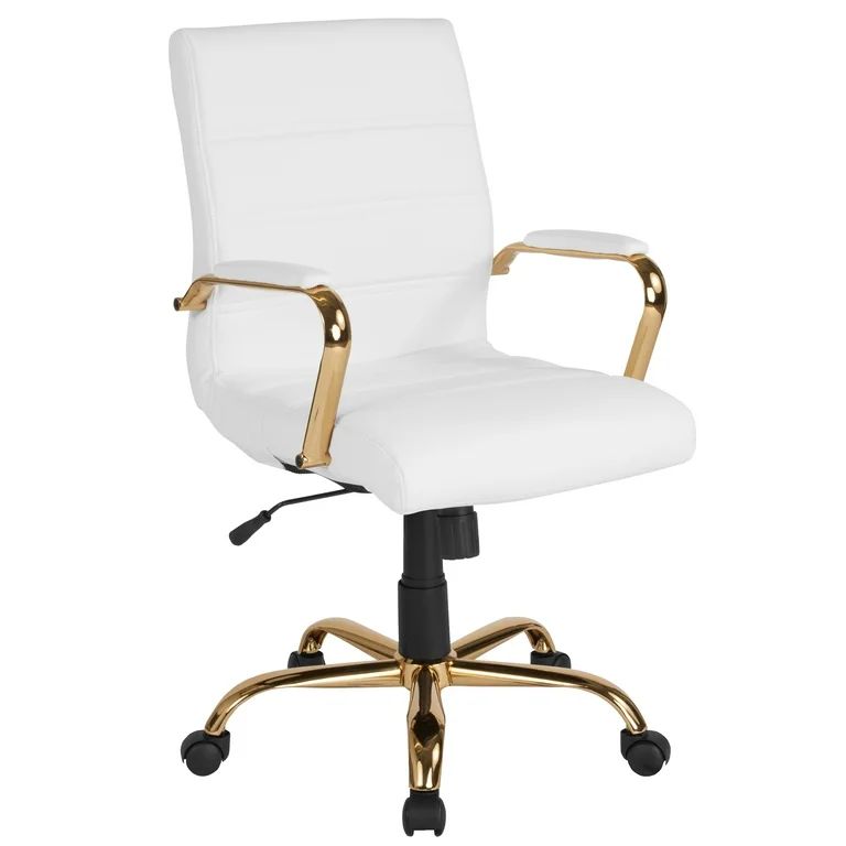 BizChair Mid-Back White LeatherSoft Executive Swivel Office Chair with Gold Frame and Arms | Walmart (US)