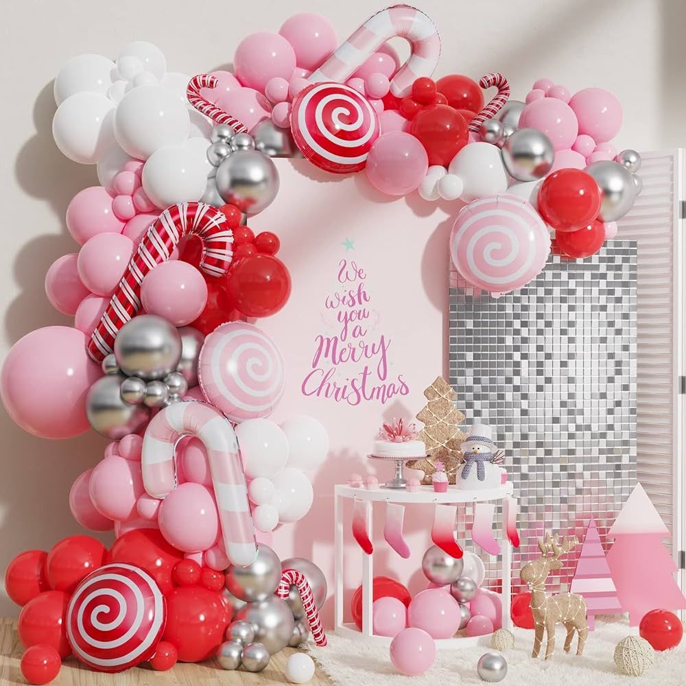 140Pcs Christmas Balloon Garland Arch Kit - Red Pink Candy Cane Balloons Sweet Lollipop Foil Ball... | Amazon (US)