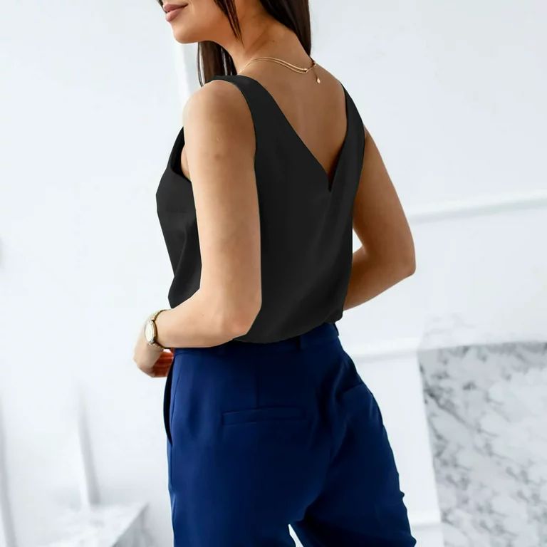 JWZUY Womens Silk Satin Tank Tops V Neck Casual Cami Sleeveless Camisole Blouses Summer Basic Tan... | Walmart (US)