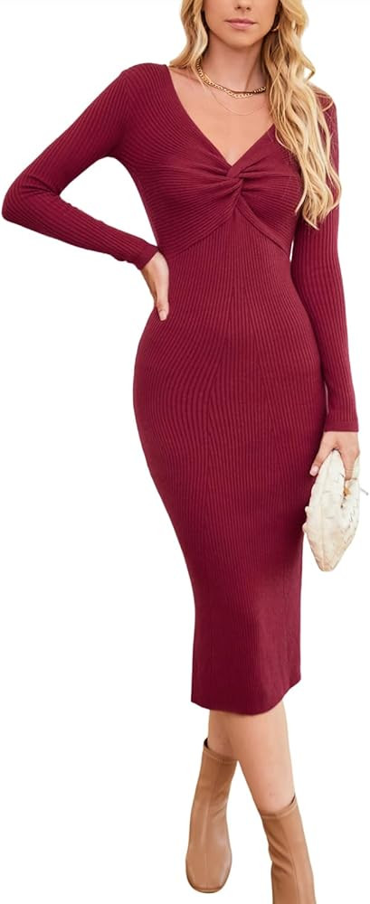 Balimtoy Women's Casual Sweater Dresses Long Sleeve Twist Front Bodycon Midi Dress Elegant Cockta... | Amazon (US)