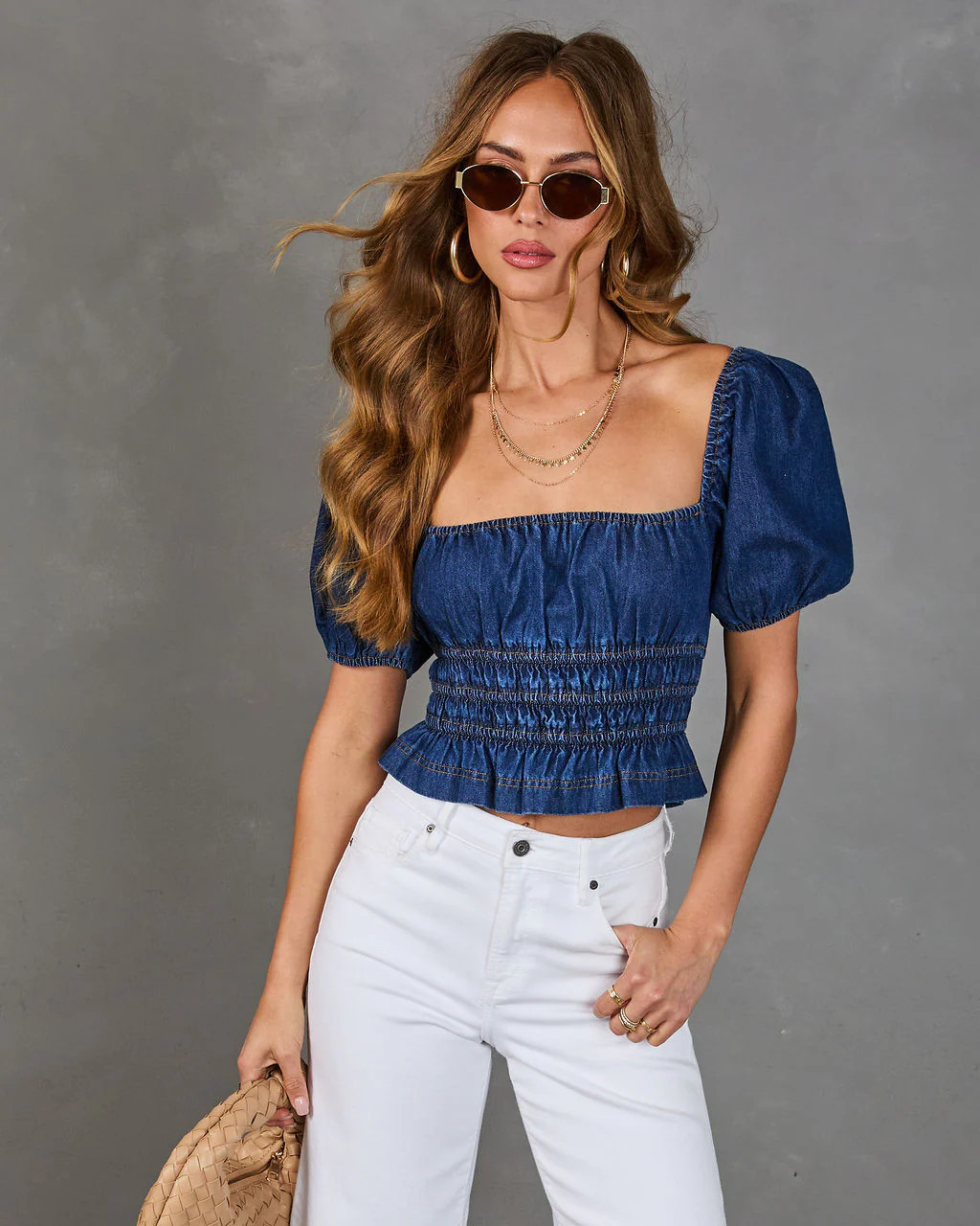Saray Smocked Denim Top - Denim / S | VICI